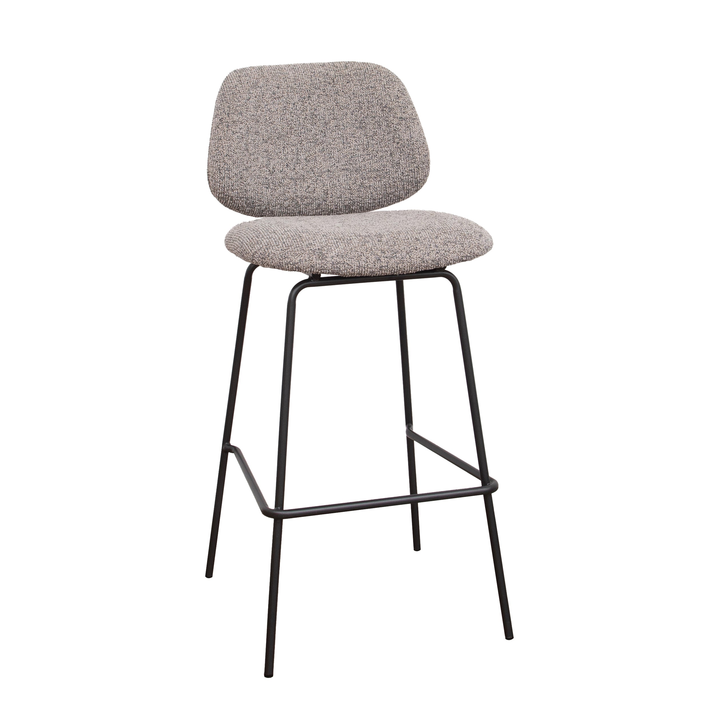 Tabouret haut design César pour établissement CHR, piètement en métal noir et revêtement textile moucheté gris et bleu.