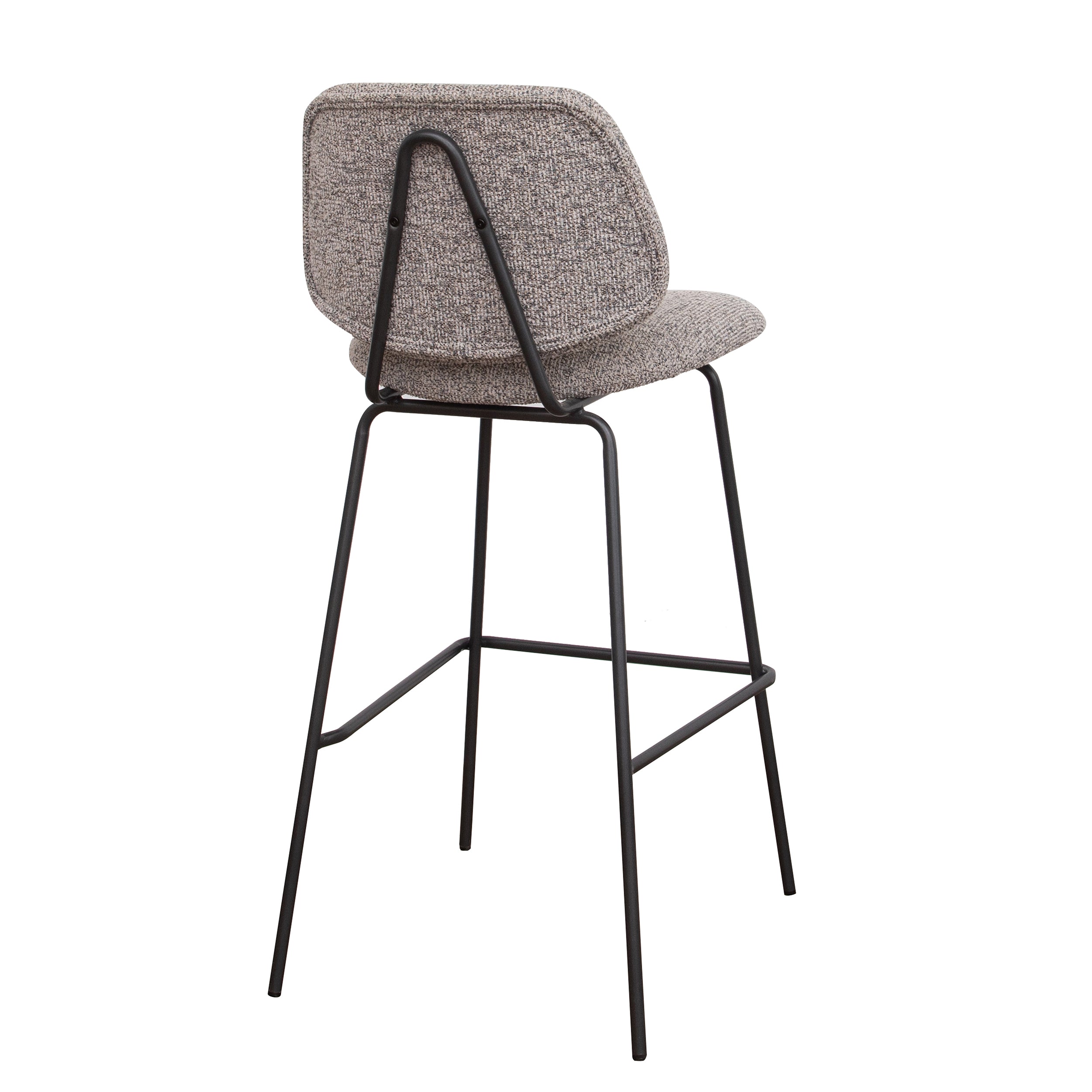 Tabouret haut design César pour établissement CHR, piètement en métal noir et revêtement textile moucheté gris et bleu