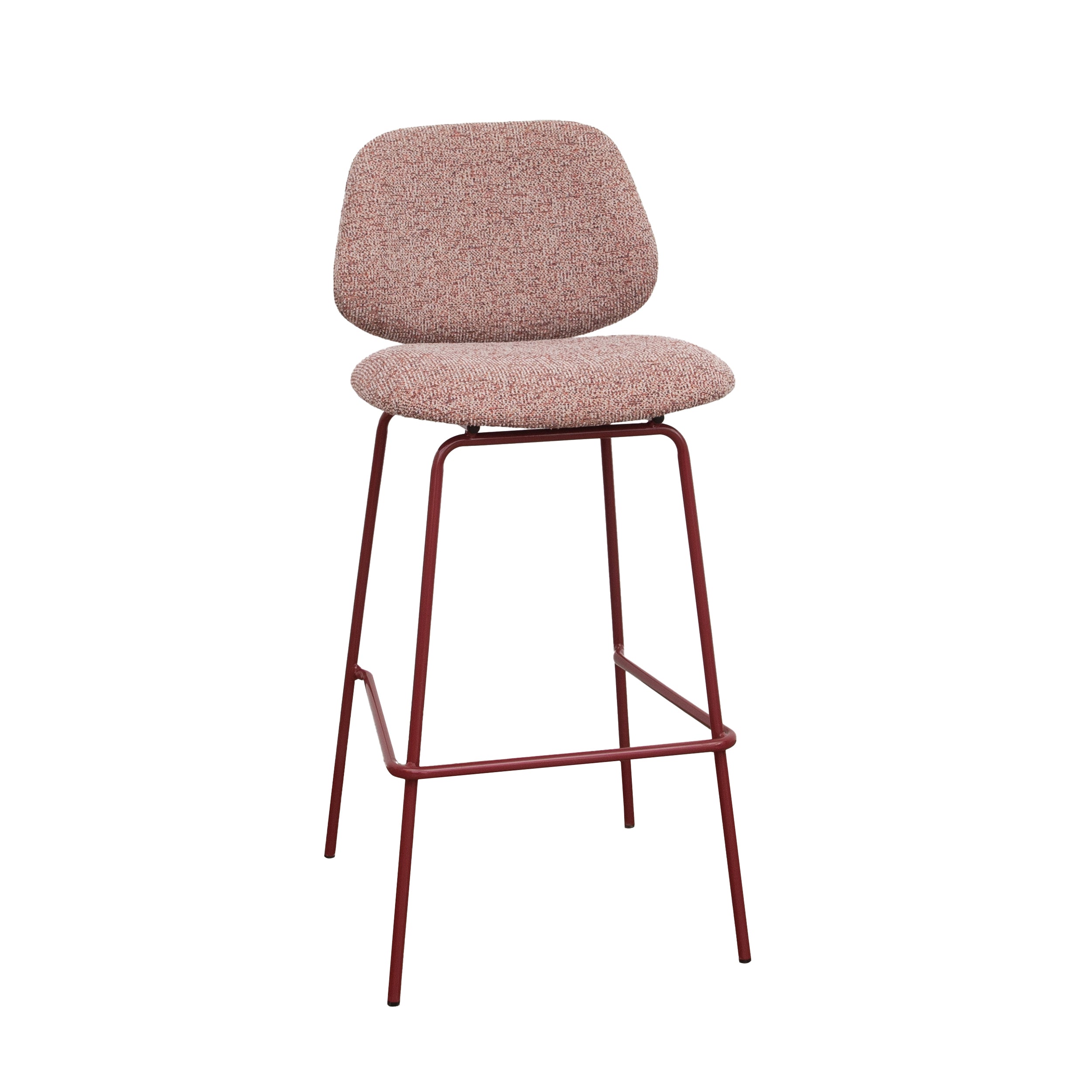 Tabouret de bar professionnel César avec structure en métal bordeaux et assise en tissu chiné beige et rouge pour restaurant.