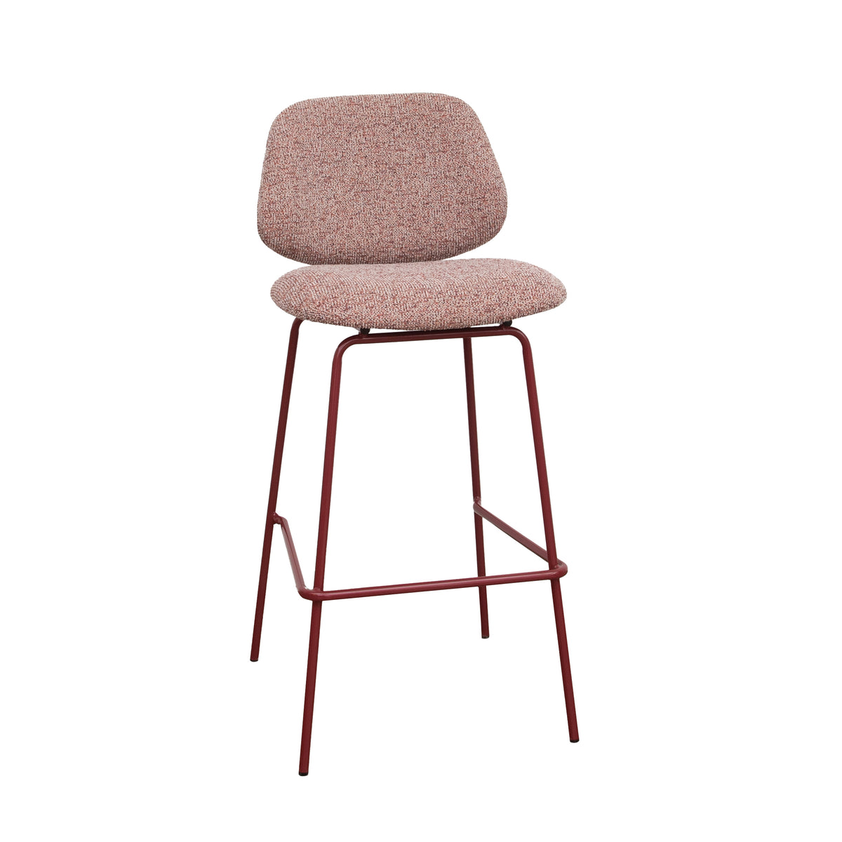 Tabouret de bar professionnel César avec structure en métal bordeaux et assise en tissu chiné beige et rouge pour restaurant.